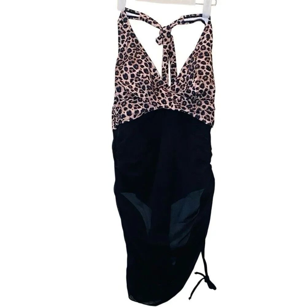 Cupshe Leopard Print Plunge Halter Neck Ruched Swim Dress Black Tan Size Large